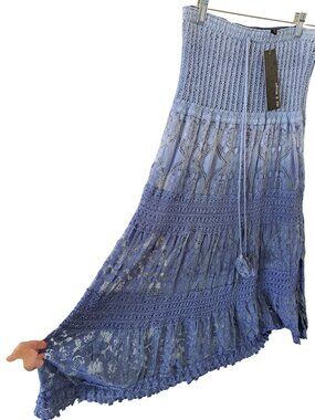 Boho Lace Maxi Skirt Blue  Crochet Elastic Waist Tassel Tie Flowy Womens L Gypsy